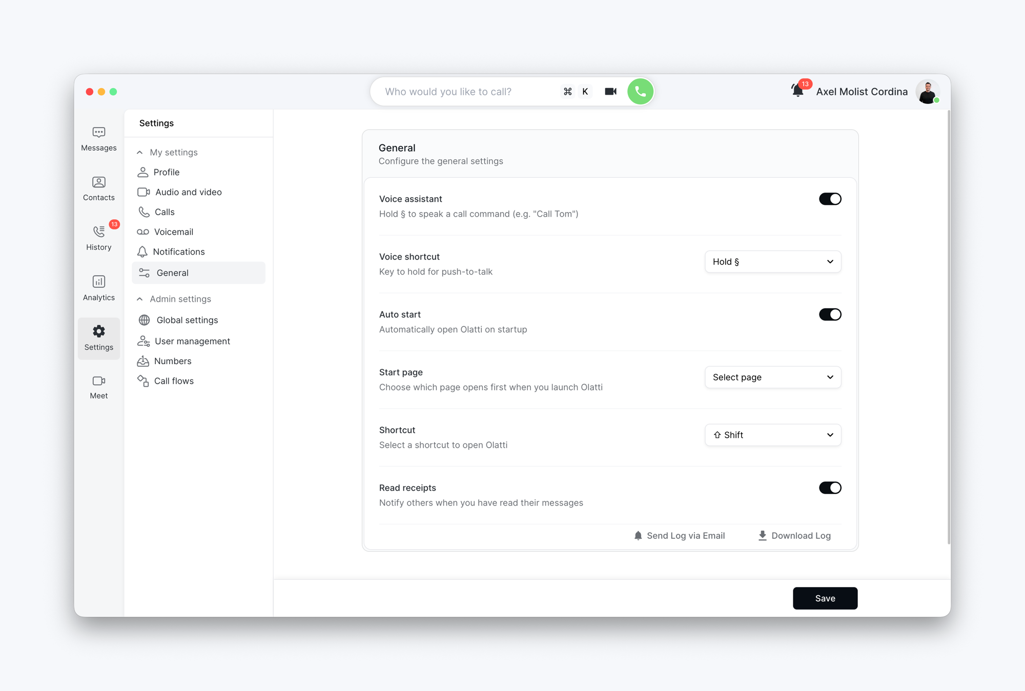 The bottom of the desktop app's General settings, with Send Log via Email and Download Log
