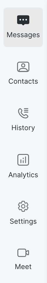 The Olatti sidebar: Messages, Contacts, History, Analytics, Settings, Meet