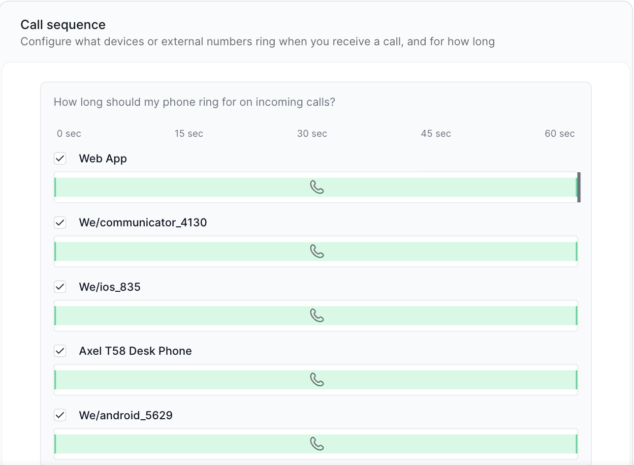 Call sequence: each device with its own ring time slider from 0 to 60 seconds