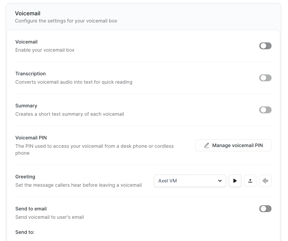 The Voicemail settings page: Voicemail, Transcription, Summary and Send to email switches, the voicemail PIN button and the greeting picker