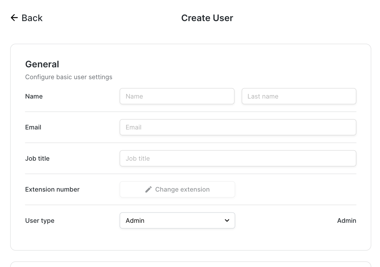 The Create User form: Name, Email, Job title, Extension number and User type