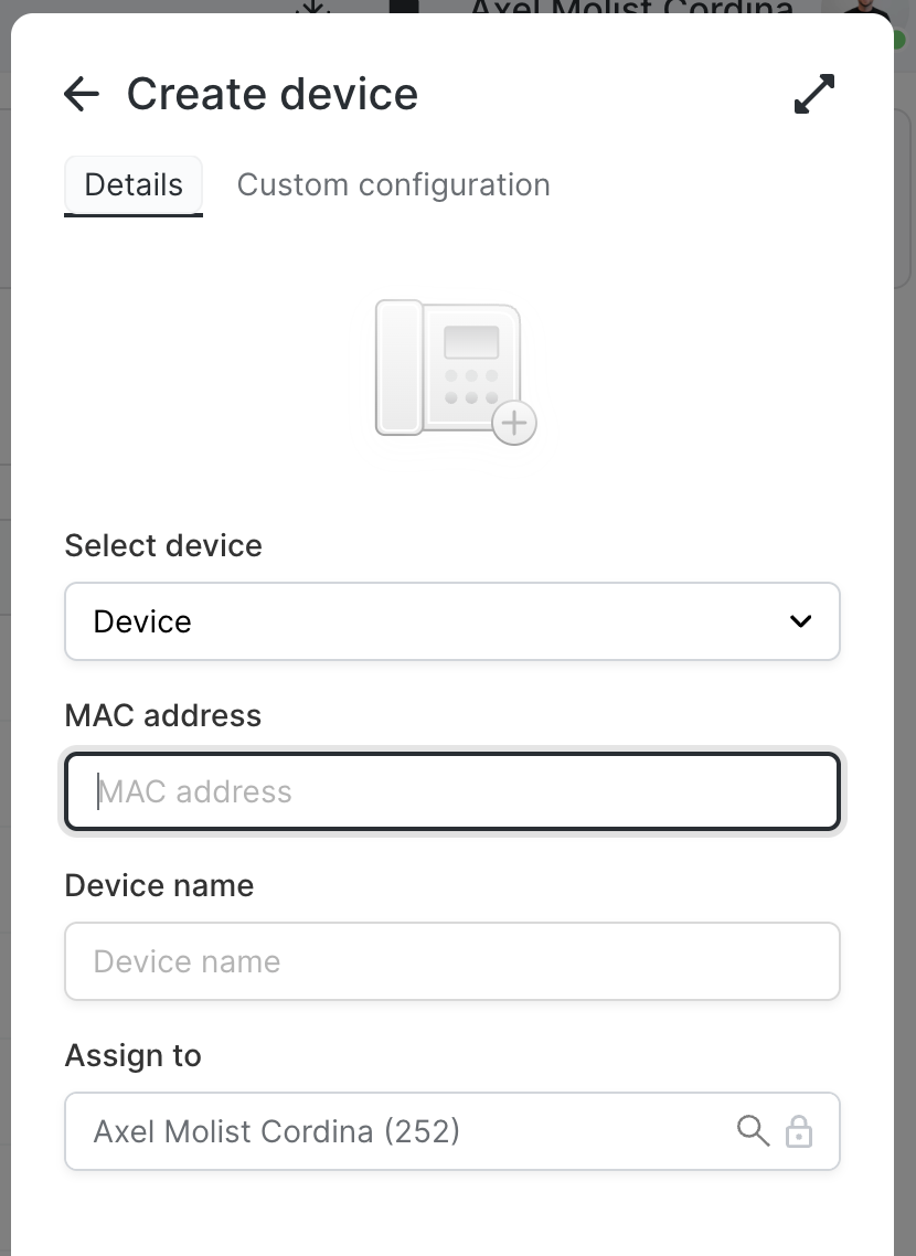 The Create device panel: Select device, MAC address, Device name and Assign to