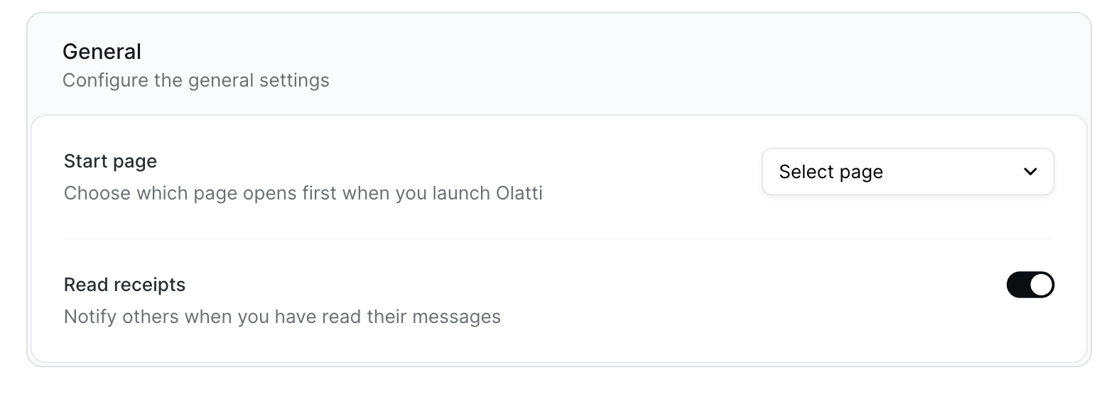 Settings > General, with the Start page picker and the Read receipts switch
