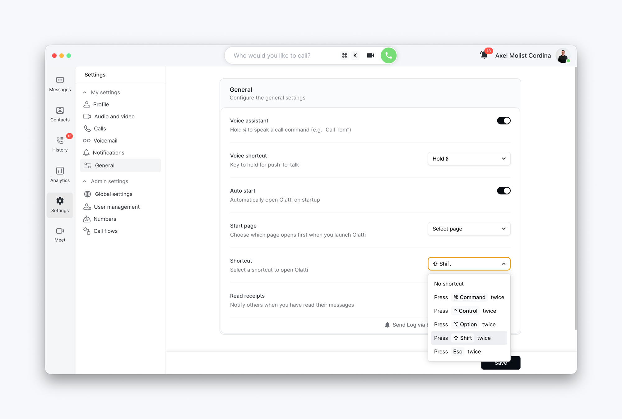 The Shortcut picker in the desktop app's General settings, with Press ⌘ Command twice, Press ⌃ Control twice and the other options
