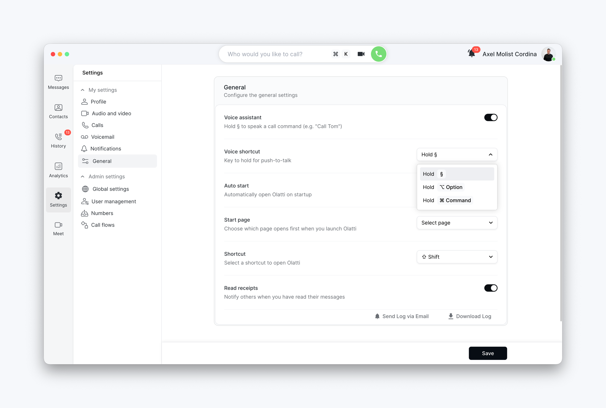 The General settings page in the desktop app with Voice assistant switched on and the Voice shortcut set to Hold §