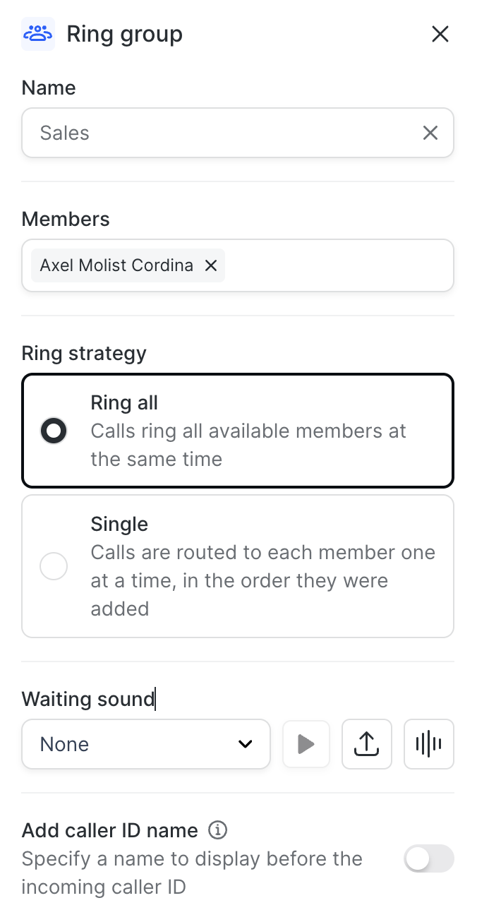 The Ring group panel: name, members, ring strategy and waiting sound
