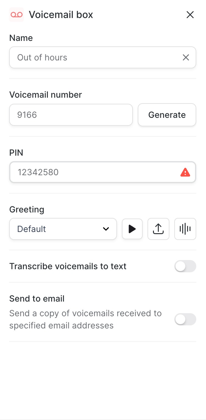 The Voicemail box panel: name, mailbox number, PIN, greeting, transcription and email options