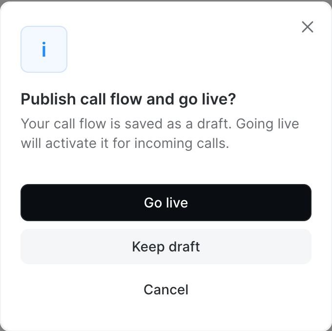The go-live prompt: Go live, Keep draft or Cancel