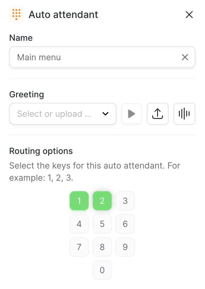The Auto attendant panel: name, greeting and the keypad for routing options
