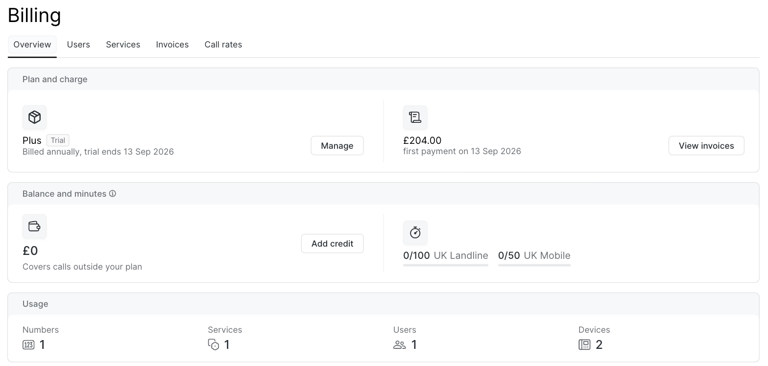 Billing overview: plan and charge, balance and minutes, usage