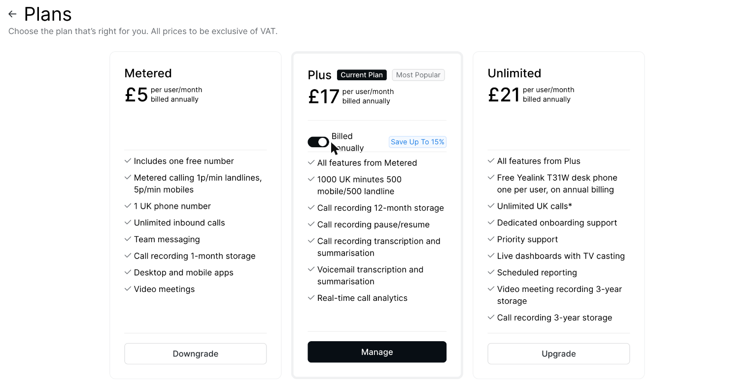 The Plans page with the current plan marked and Upgrade and Downgrade buttons