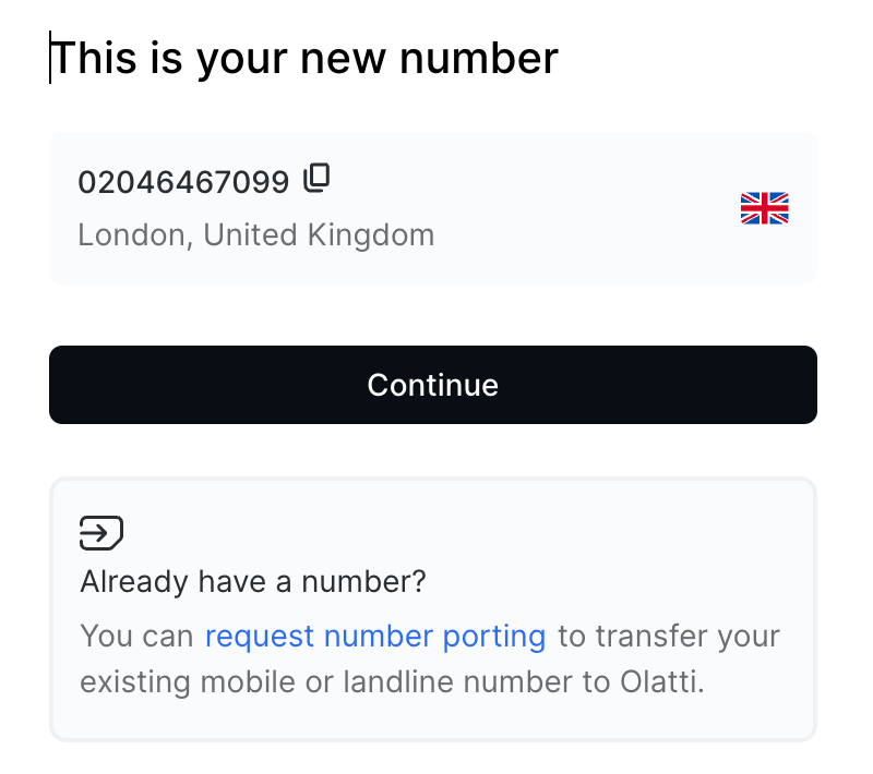 Your new number, with the porting link underneath