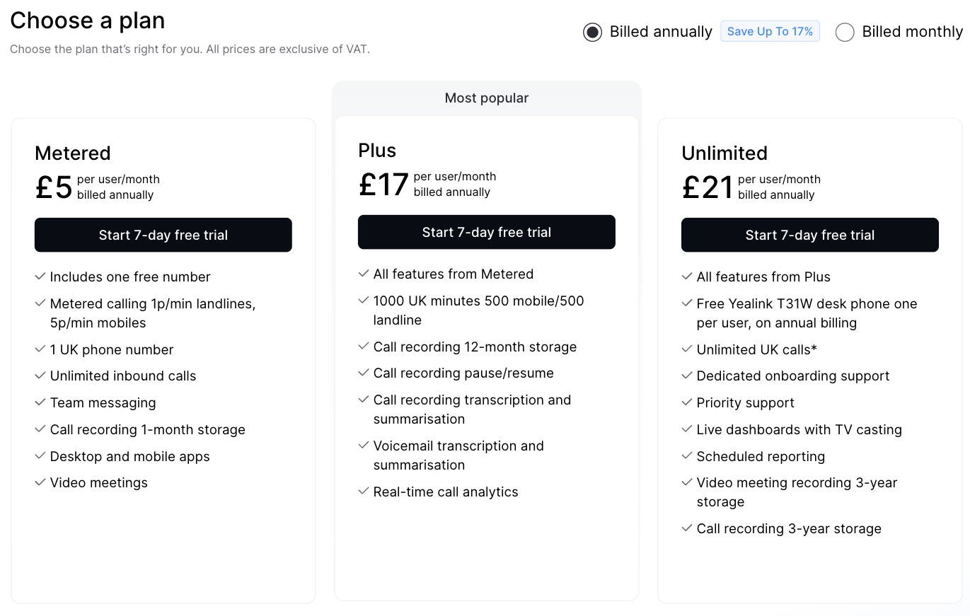The three plans with Start 7-day free trial buttons