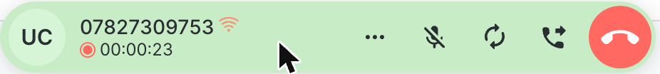 The call bar during a live call: caller, recording indicator and timer, then actions, mute, switch device, transfer and hang up