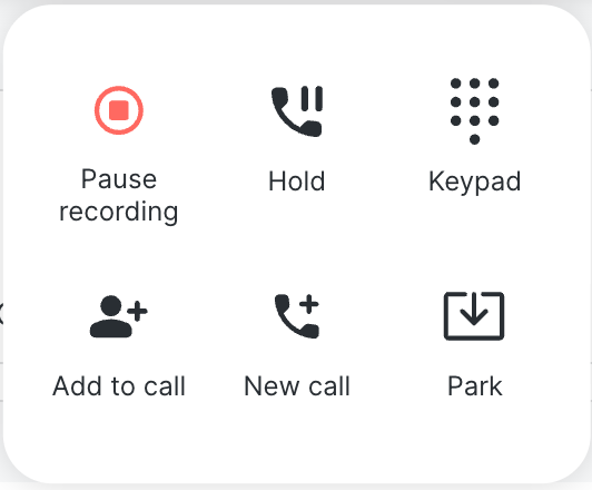 The actions menu: Pause recording, Hold, Keypad, Add to call, New call, Park